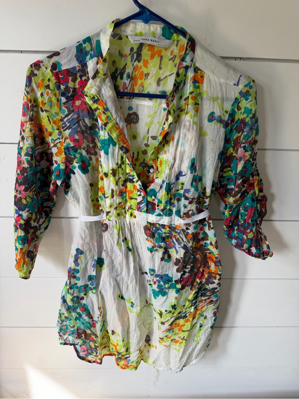 Zara Floral Lightweight Cotton Top Tunic Belt Tie Boho Cover Up Airy Cottagecore
